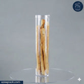 Clear cylindrical container with breadsticks on a gray background, featuring the brand 'ezeepack'.