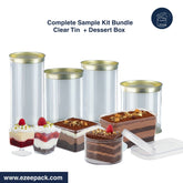 Clear tin containers with gold lids and dessert boxes on a white background, featuring Ezeepack branding.