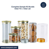 Clear tin and jar sample kit with gold lids on a white background, featuring ezeepack branding.