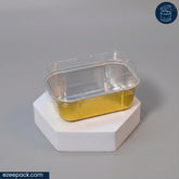 Clear Alu Mini Rectangular Container 270 ml | ₹16.00 per Piece | Box of 96 Pieces | Gold Finish | Bake & Serve