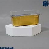 Clear Alu Mini Rectangular Container 270 ml | ₹16.00 per Piece | Box of 96 Pieces | Gold Finish | Bake & Serve