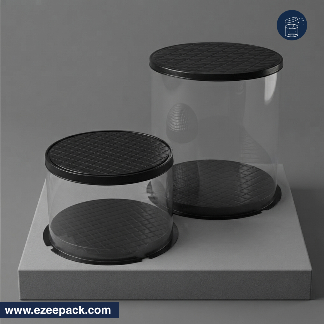 Two clear cylindrical storage jars with black textured lids, displayed on a gray pedestal against a gray background.