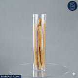 Clear cylindrical container with breadsticks on a gray background, featuring the brand 'ezeepack'.