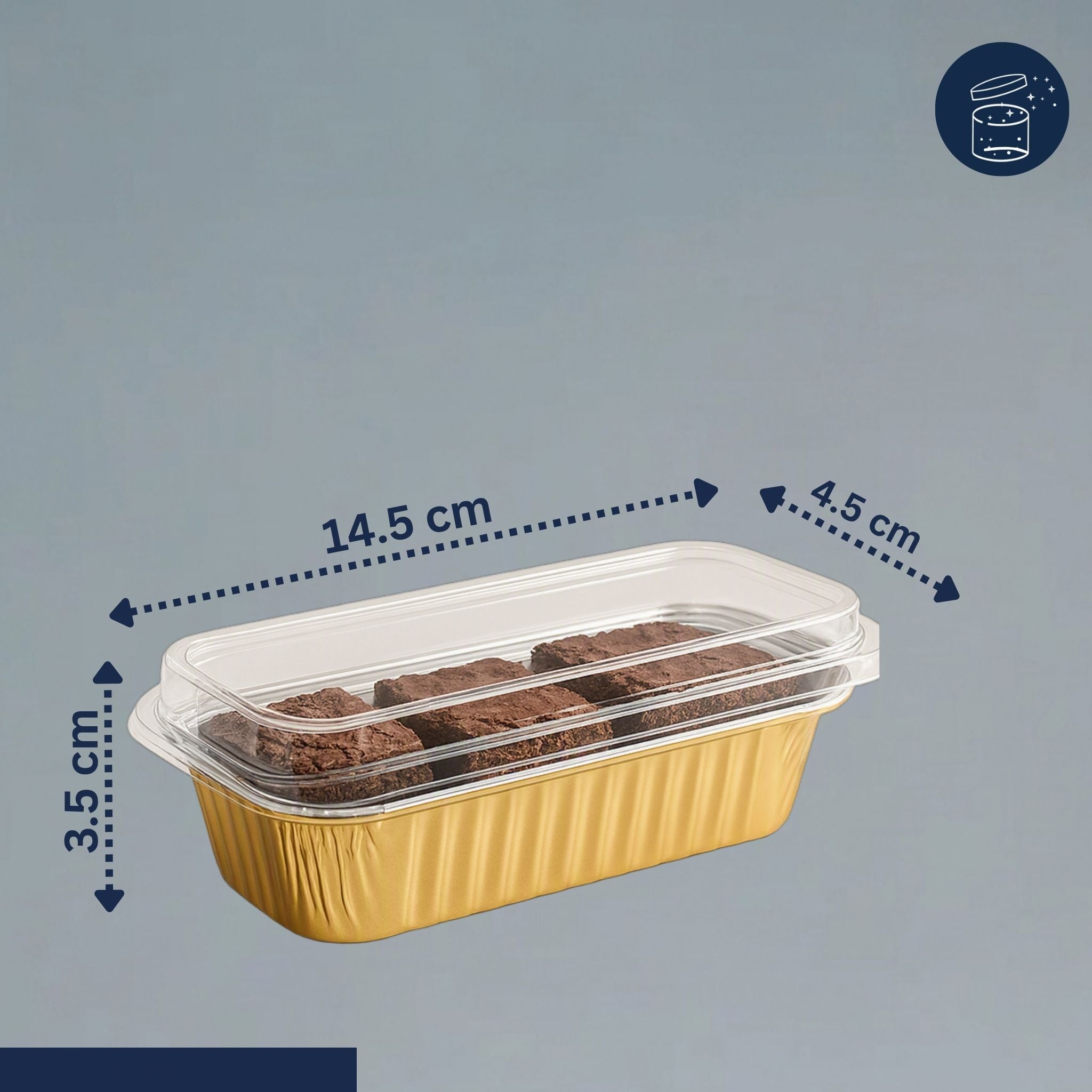 A rectangular disposable plastic food tray with a clear lid, shown with dimension arrows and labels indicating 14.5 cm length, 4.