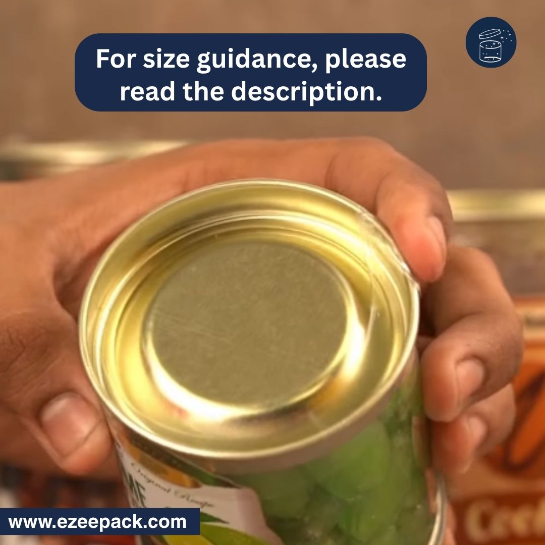 A close-up of a hand holding a metal can, with a navy text banner at the top reading 'For size guidance, please read the description.' and a website watermark at the bottom.
