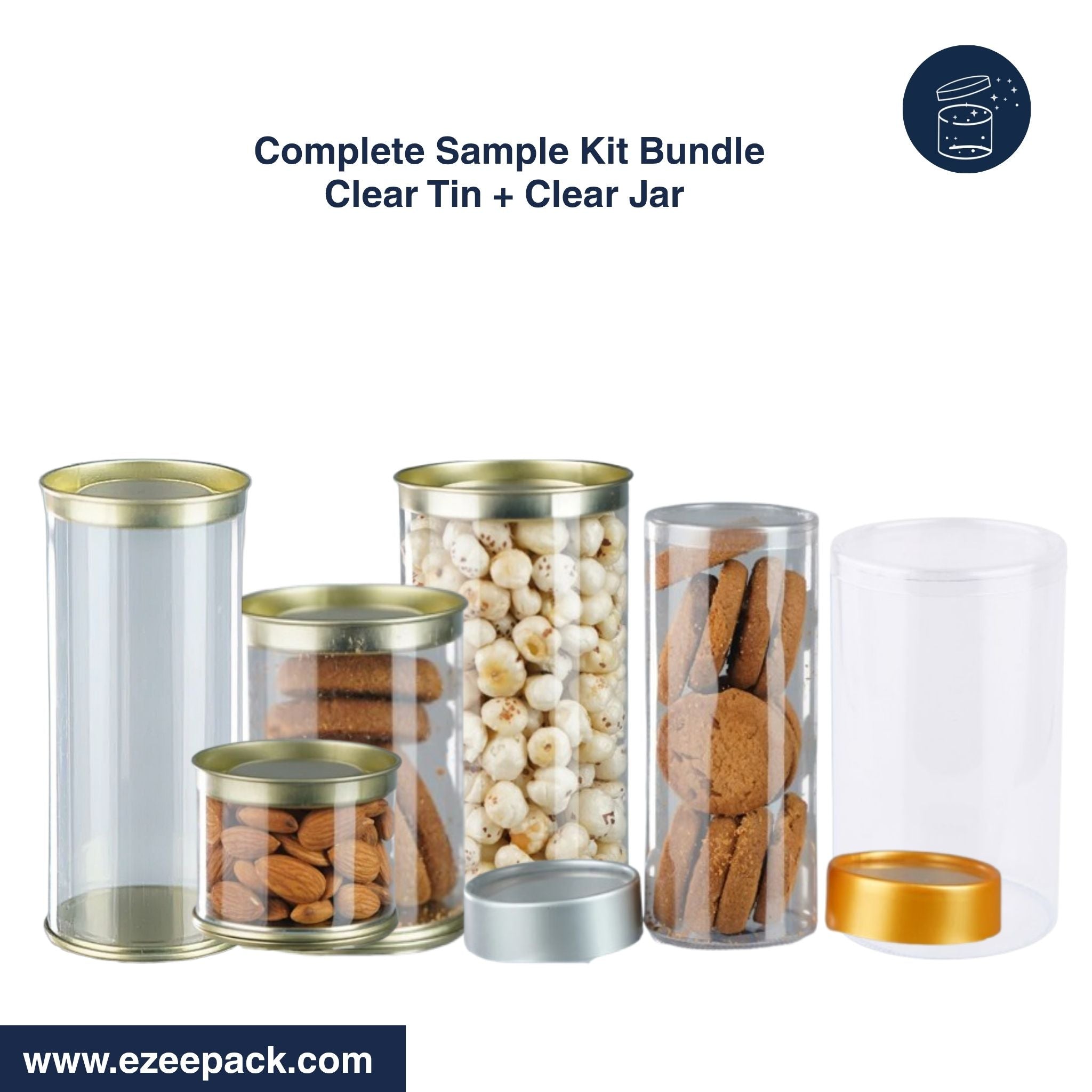 Clear tin and jar sample kit with gold lids on a white background, featuring ezeepack branding.