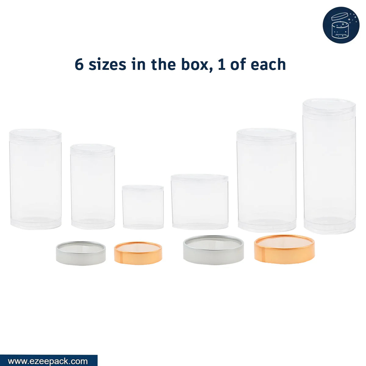 Set of six cylindrical jars with lids in various sizes on a white background, branded 'ezeepack'.