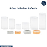 Set of six cylindrical jars with lids in various sizes on a white background, branded 'ezeepack'.