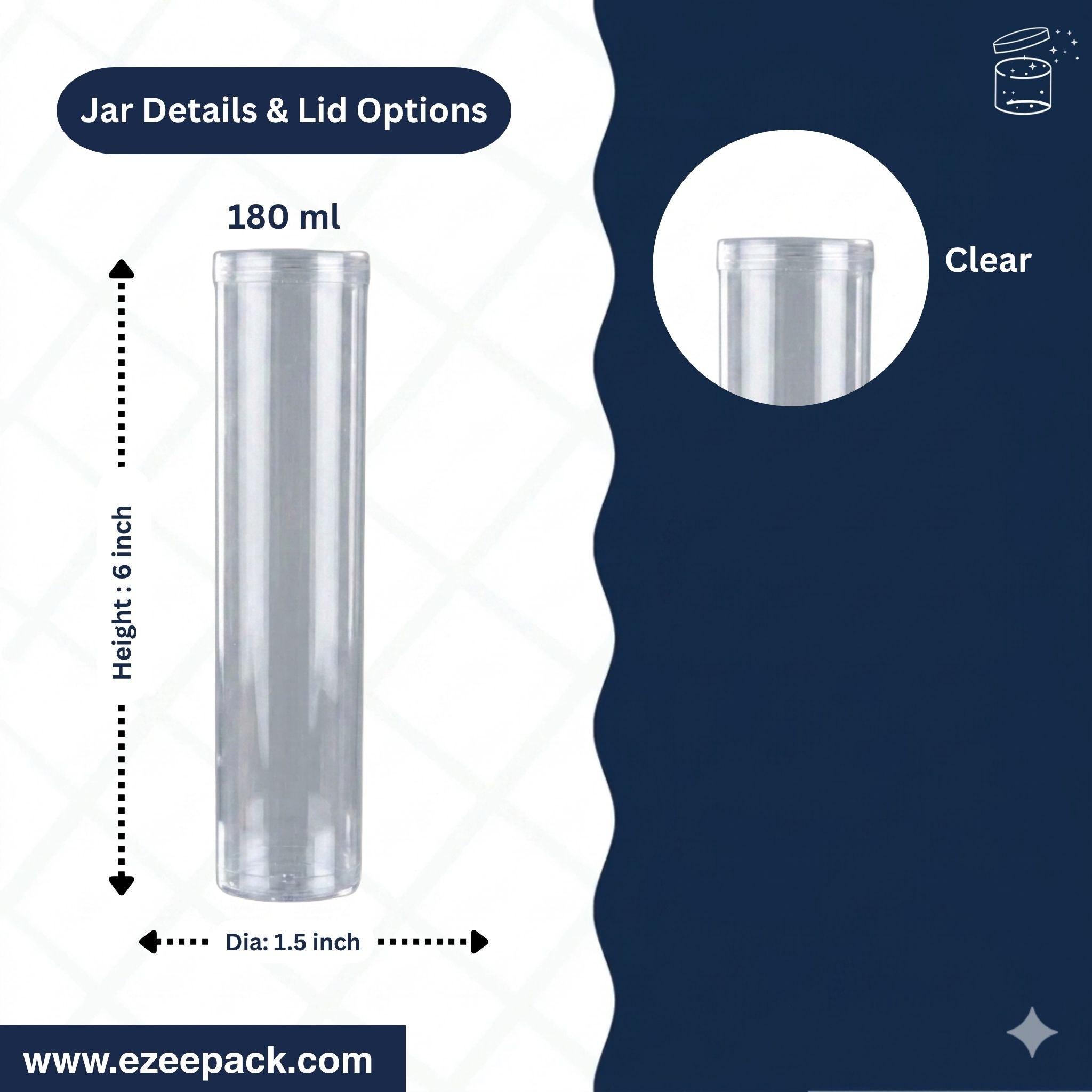 Clear plastic jar with dimensions and lid options on a blue and white background